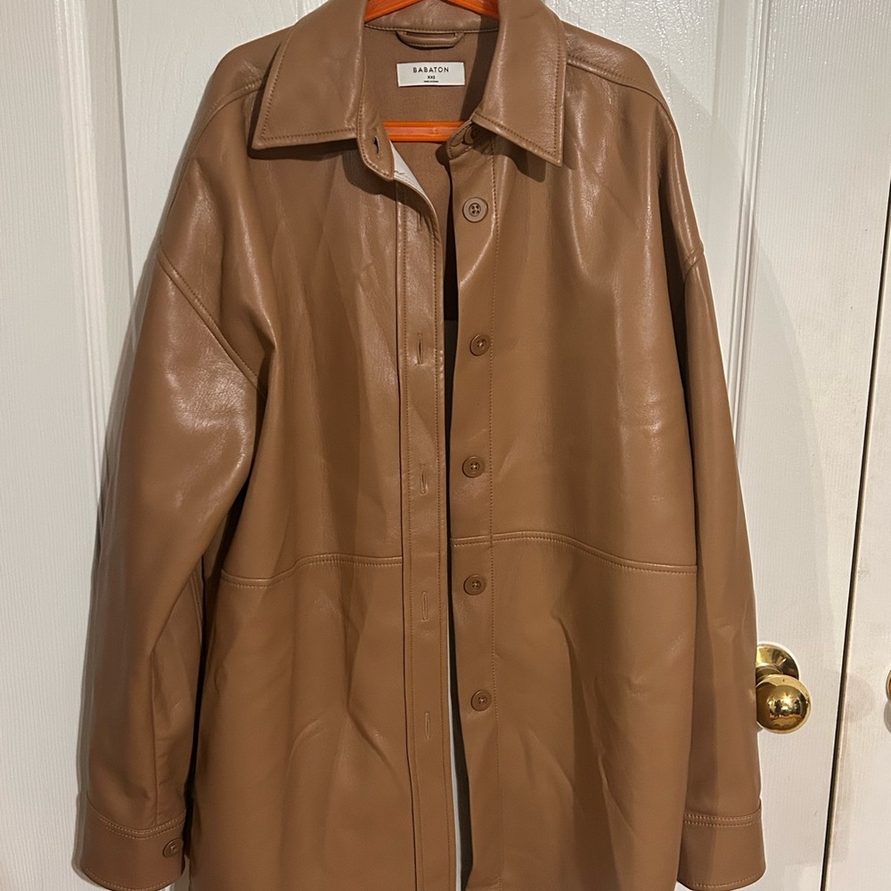 Babaton Caramel Leather Jacket Classic Hip-Length Design